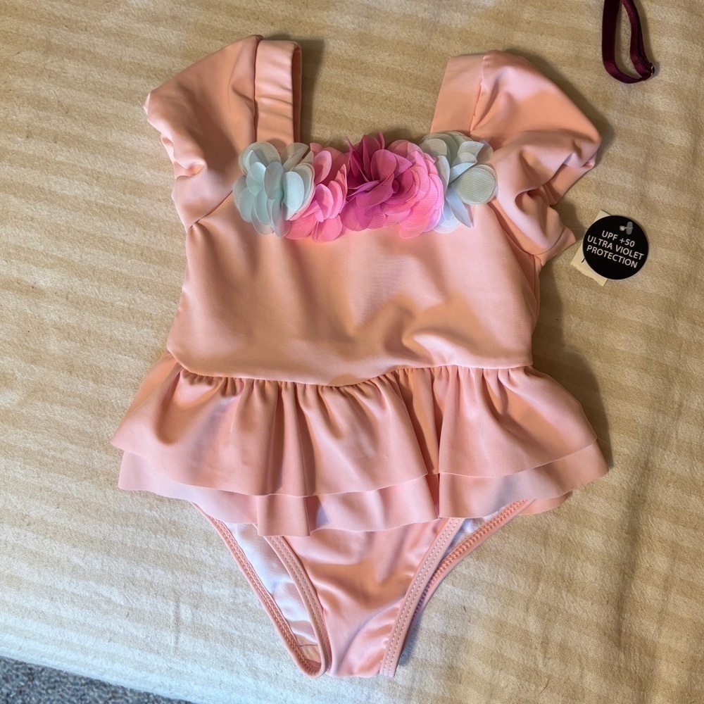 NWT Nicole Miller Toddler 2T Pink Ruffle Skirt Floral Poms One Piece Swimsuit